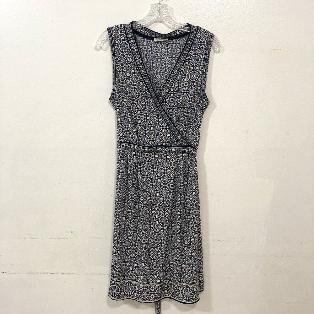 MAX STUDIO blue white red geometric surplice neck sleeveless tie back dress L